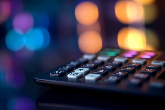 An abstract close-up of a calculator with bokeh lights, symbolizing financial calculations in business - business concept, bokeh Generative AI