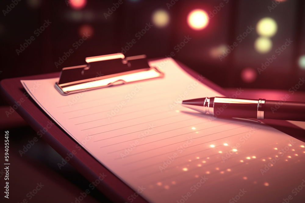 Aufkleber a close-up of a clipboard with a pen and checklist, with bokeh lights in the background, representin