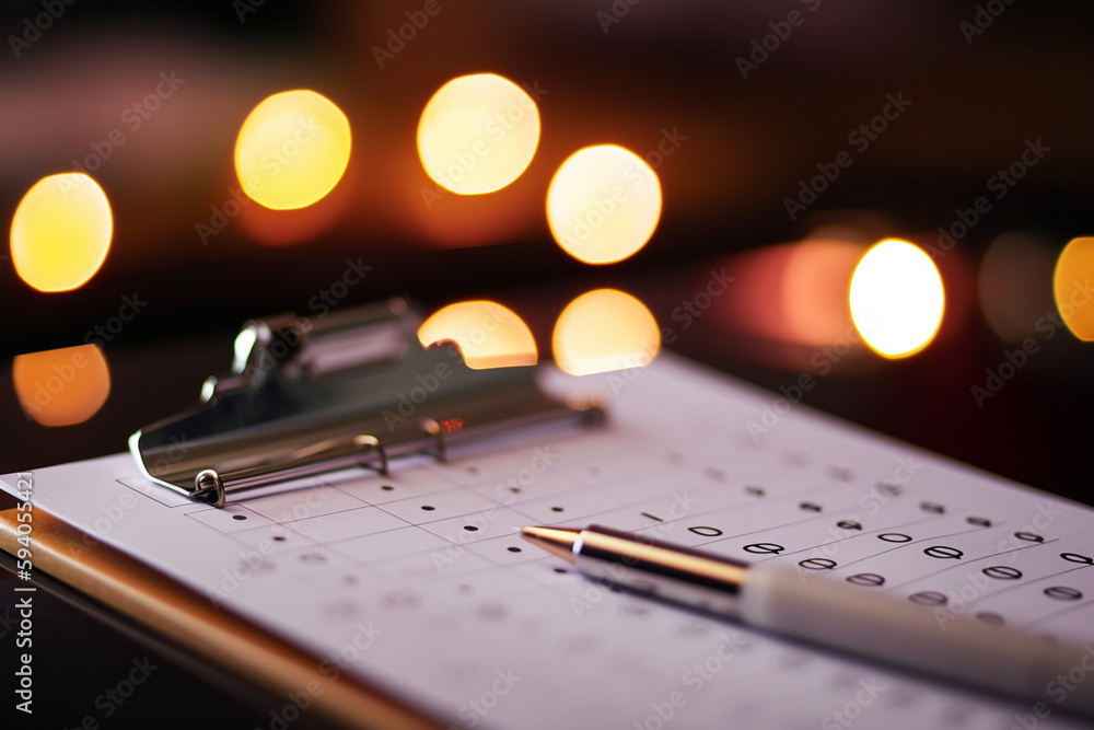 Poster a close-up of a clipboard with a pen and checklist, with bokeh lights in the background, representin