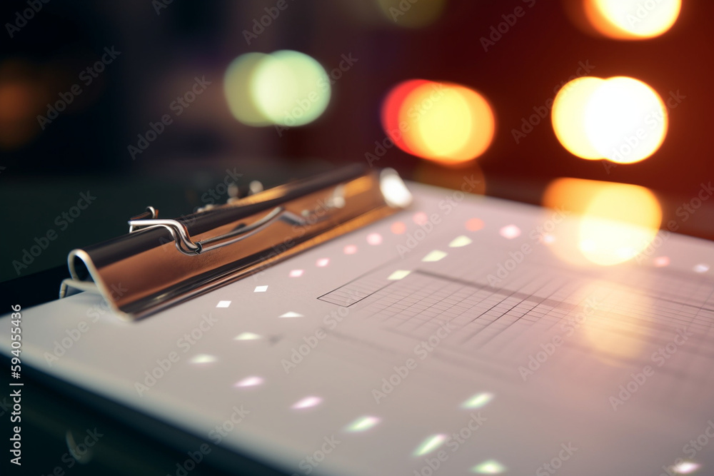 Aufkleber a close-up of a clipboard with a pen and checklist, with bokeh lights in the background, representin