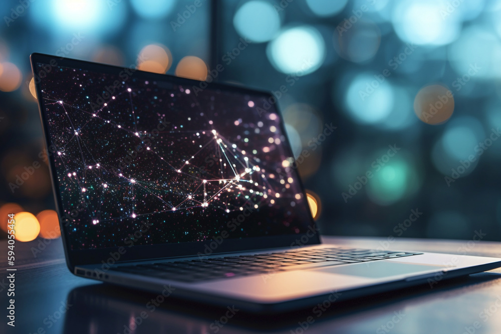 Poster a close-up of a laptop screen with bokeh lights, representing technology and connectivity in busines