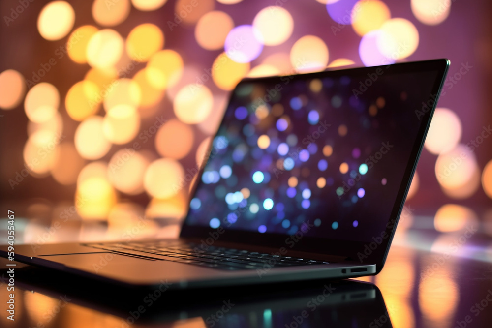 Poster a close-up of a laptop screen with bokeh lights, representing technology and connectivity in busines
