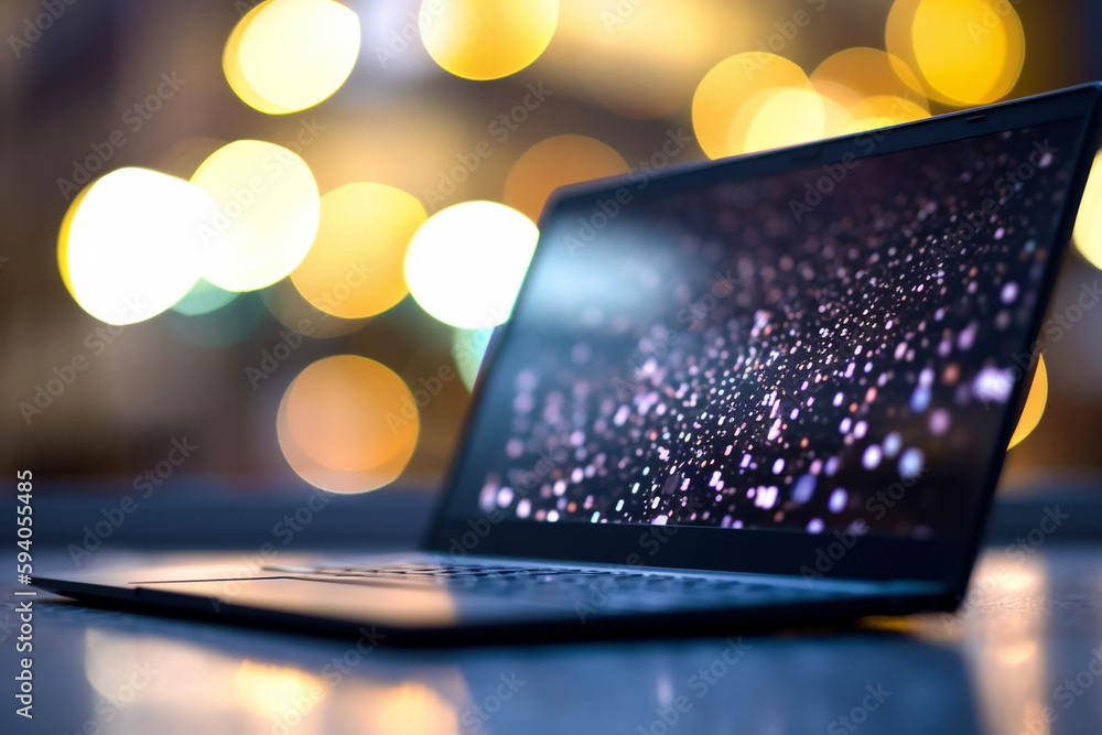 Aufkleber a close-up of a laptop screen with bokeh lights, representing technology and connectivity in busines