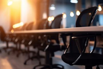 A series of office chairs and desks with blurred bokeh lights, portraying a professional work environment - business concept, bokeh Generative AI