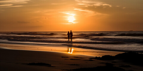 Fototapeta na wymiar a couple having a good time on the sunset beach, generative ai