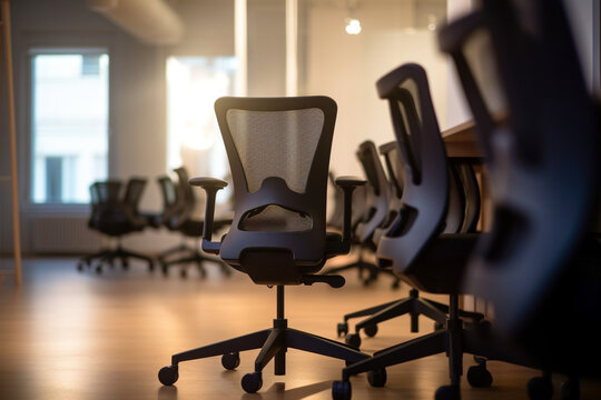 A series of office chairs and desks with blurred bokeh lights, portraying a professional work environment - business concept, bokeh Generative AI
