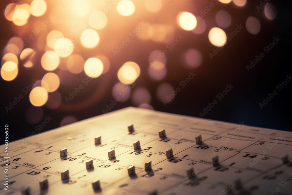 Poster an abstract close-up of a calendar with bokeh lights, symbolizing time management and scheduling in 