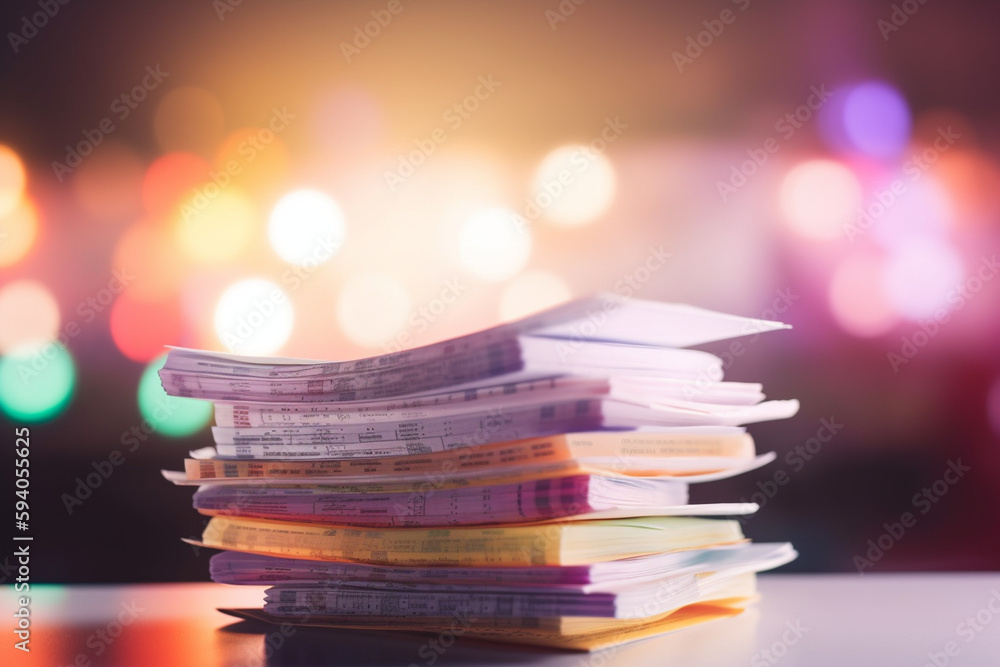 Poster a close-up of a stack of invoices or receipts with bokeh lights, representing financial transactions