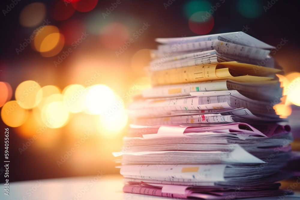 Poster a close-up of a stack of invoices or receipts with bokeh lights, representing financial transactions