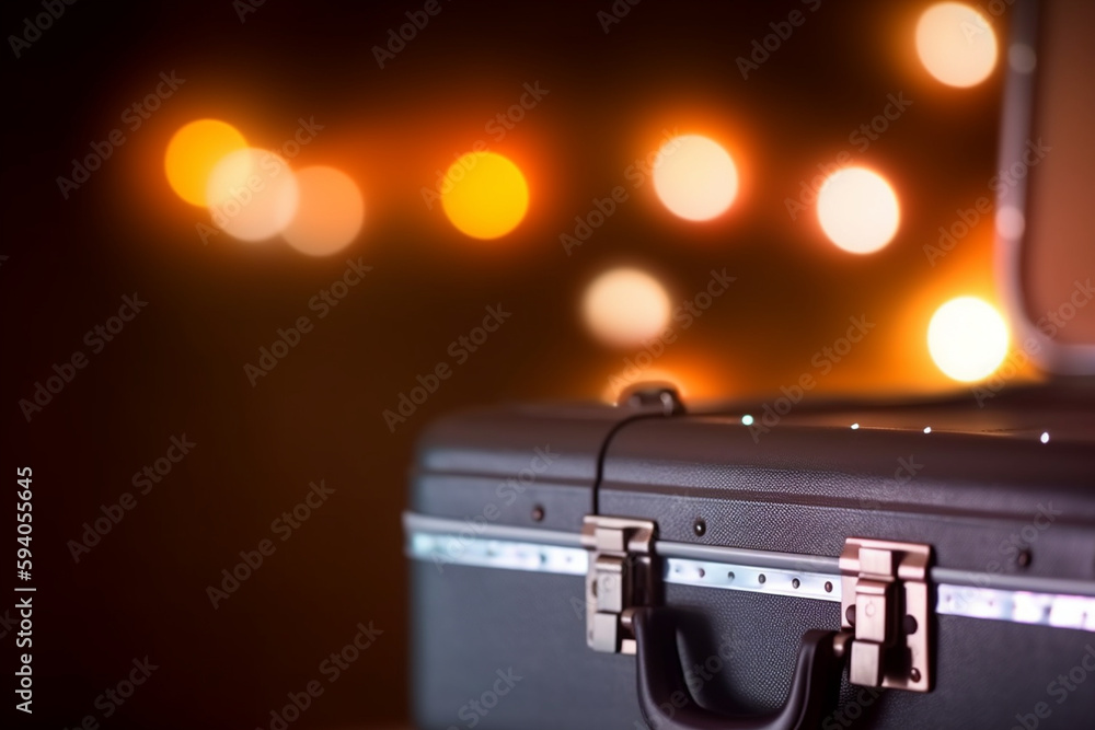 Poster an abstract close-up of a briefcase or suitcase with bokeh lights, symbolizing business travel and m