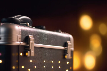 An abstract close-up of a briefcase or suitcase with bokeh lights, symbolizing business travel and mobility - business concept, bokeh Generative AI