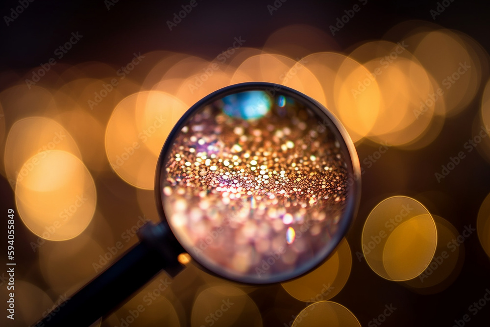 Poster an abstract close-up of a magnifying glass or loupe with bokeh lights, symbolizing business investig