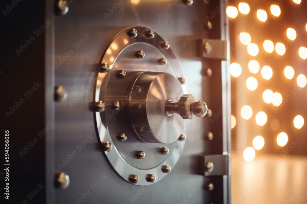 Poster a close-up of a safe or vault door with bokeh lights in the background, representing business securi