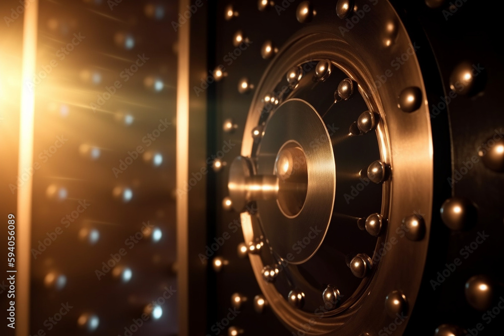 Poster a close-up of a safe or vault door with bokeh lights in the background, representing business securi
