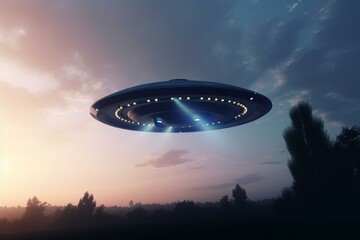 Fototapeta na wymiar 3D triangular ufo hung in the sky in the evening. Generative AI