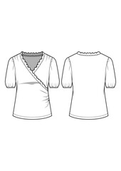 Womenswear v-neck faux wrap shirring gathering ruching detail and short puff sleeve and ruffle end neckline top blouse technical drawing / flat sketch /CAD / ADOBE Illustrator vector digital download