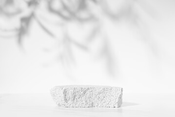 Cosmetics product presentation podium scene made with porous stone on white background. Studio photography.