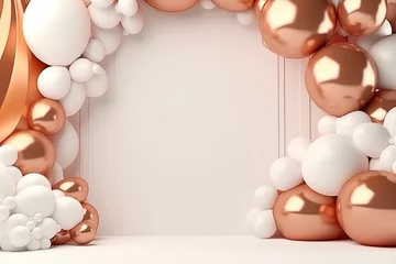 Fotobehang Fundo 3D com ouro rosa e balões glam branco palco arco redondo. apresentação da festa. maquete 3d render maquete de espaço de cópia de anúncio. evento © Alexandre