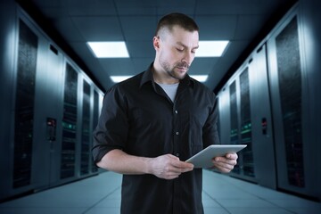 Data Center Technology business man Holding digital tablet
