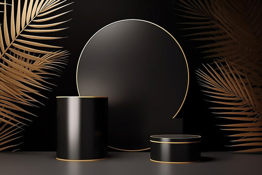 Fundo de p&oacute;dio de pedestal de ouro preto realista 3D com folha de palmeira na janela do c&iacute;rculo na parede. Vitrine de palco de produtos de maquete de cena m&iacute;nima de parede, exibi&ccedil;&atilde;o de promo&ccedil;&atilde;o. Vecto