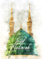 Islamic greetings card eid mubarak with watercolor of green dome mosque nabawi background.
