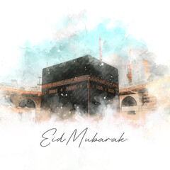 Islamic greetings card eid mubarak with watercolor of Kaabah, in Mecca.
