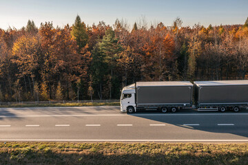 Truck is driving through the forest in autumn. Car transport . Truck with semi-trailer in gray color.