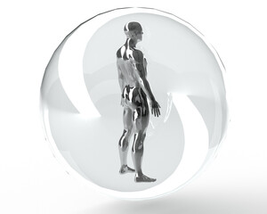 3D illustration of a male silver body on a white background. Metal mannequin in security bubble. 