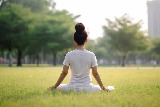 vista traseira Uma garota está praticando ioga no gramado do parque