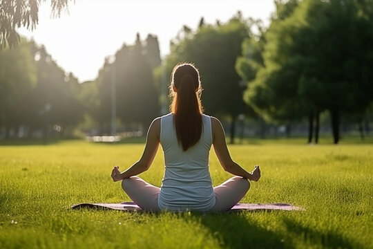 vista traseira Uma garota está praticando ioga no gramado do parque