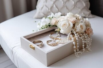 Box with wedding rings, jewelry, heels, flowers and dress on white background