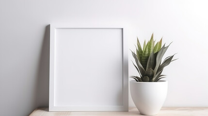 Empty square frame mockup in modern minimalist interior with potted houseplants on white wall background. AI generated