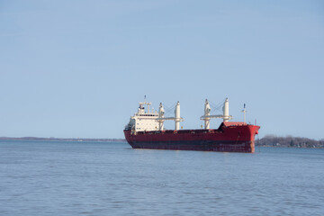 Large ship anchored in the Saint Lawrence River in Quebec, Canada