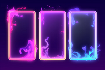 Molduras de neon gradiente com bordas de fumaça, roxo - rosa com efeito de névoa, névoa brilhante transparente. Quadros de avatar para jogo, elementos de design de interface do usuário. ilustração vet