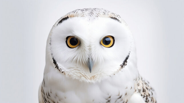 Close-up portrait of a snowy polar owl. Generative AI.