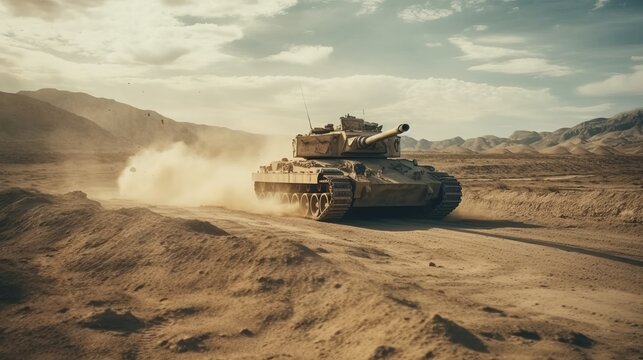 Powerful modern battle panzer tank. War crisis. 3D heavy military vehicle tank weapon illustration. AI generated