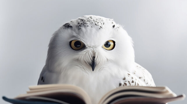 Portrait of a white polar owl near an open book. Generative AI.