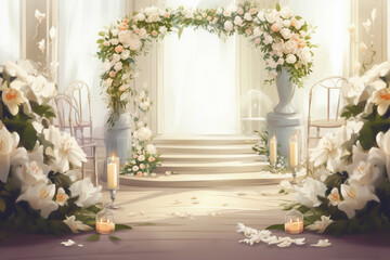 Fototapeta na wymiar wedding background, flowers, altar, wedding dress, generative ai