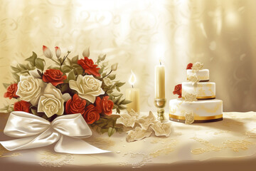 Fototapeta na wymiar wedding background, flowers, altar, wedding dress, generative ai