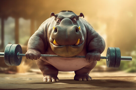 cute hippopotamus exercising with a bar bell, generative ai