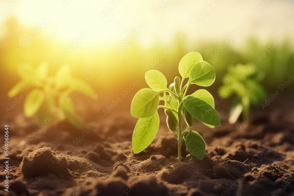 Wall mural small sprout of a soybean plant grow in rows on an agricultural field. the plant reaches for the sun