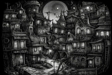 fantasy nightscape city illustration, generative ai