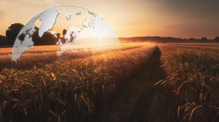 Vast beautiful crops wheat field during summer sunset golden hour, earth globe overlay, argiculture and environment,