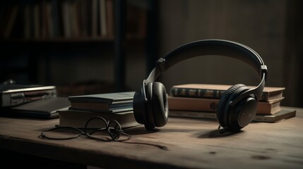 Plakat Books and headphones on a wooden table realistic photorealistic. Al generated