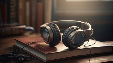 Obraz na płótnie Canvas Books and headphones on a wooden table realistic photorealistic. Al generated