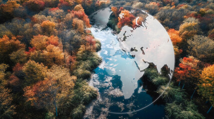 Fototapeta na wymiar Autumn in the forest, with river running through it, earth globe overlay, nature and environment background, colorful leaves during atumn season