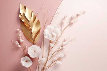 Composição botânica de arte abstrata de luxo. Design minimalista de primavera em tons de rosa, branco e dourado