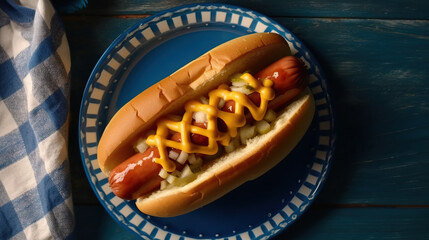 Overhead View of Hotdog With Ketchup, Mustard, and Onions on Blue Table