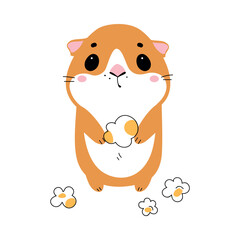 Cute little pet guinea pig eating popcorn cartoon vector illustration