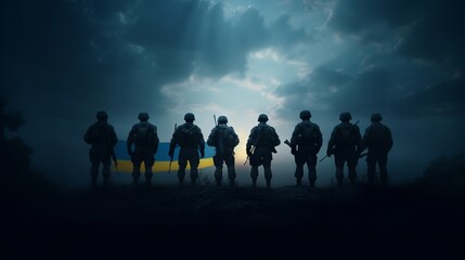 Fototapeta na wymiar Conceptual ukrainian flag with ukraine soldiers. Al generated